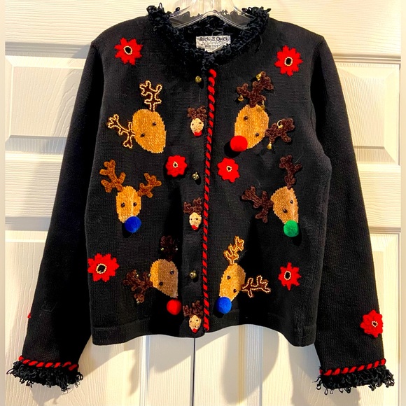 Jack B Quick Sweaters - Jack B Quick Black Collared Christmas Reindeer Embellished Cardigan Petite Small
